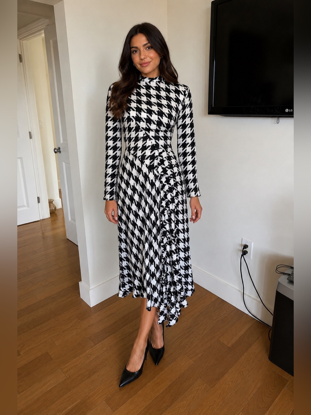 Ann Taylor Black and White Houndstooth Long Sleeve Midi Dress